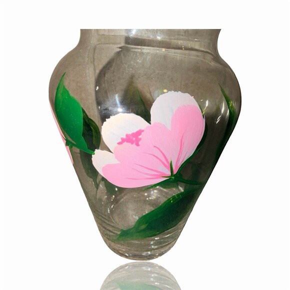Clear Glass Hand-Painted Pink Flower Vase Signed B. Jean 7 in - Picture 5 of 5